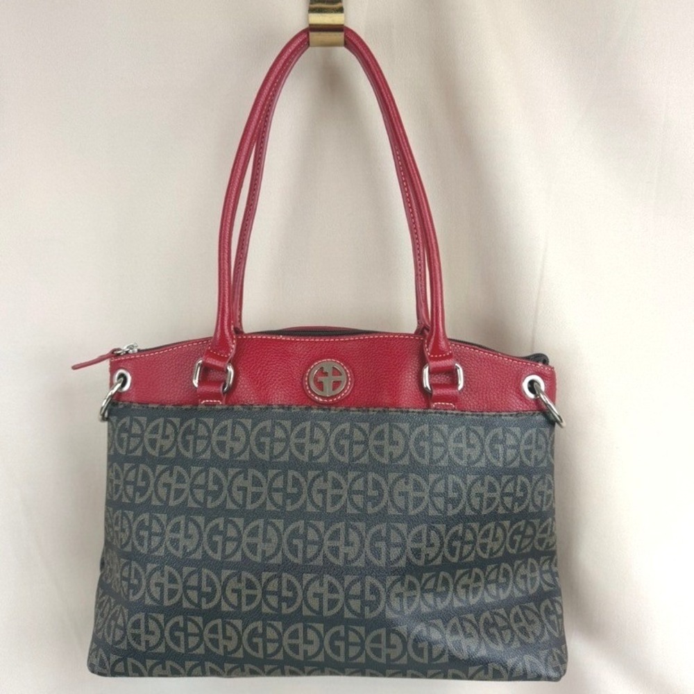 GIANI BERNINI Convertible Shoulder Bag Monogram Red Faux Leather Trim Vegan 14x9